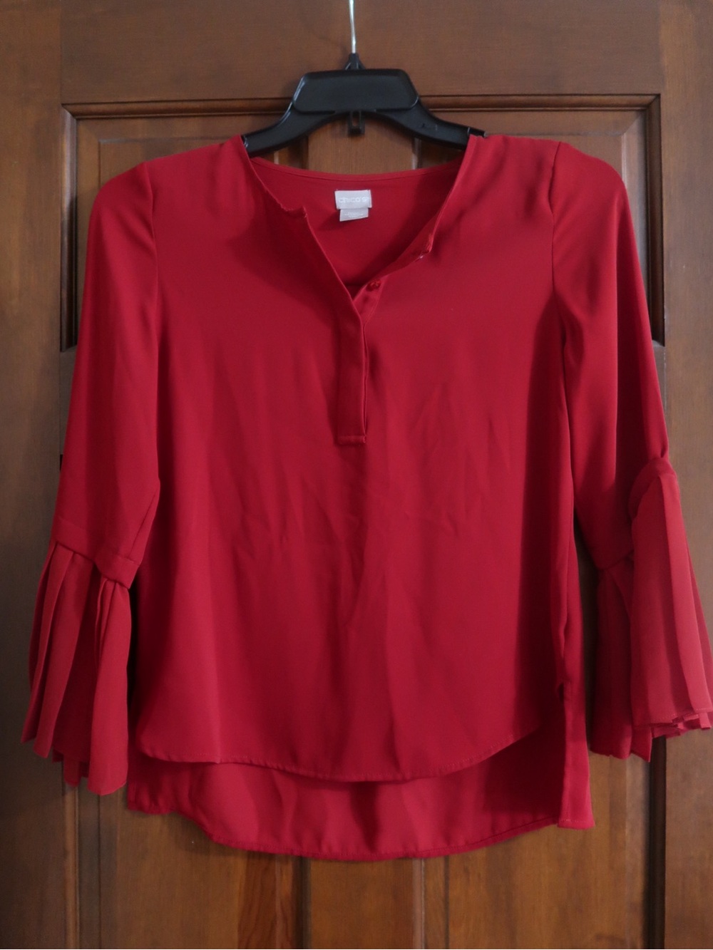 Chico's Crimson Pleated Bell Sleeve Blouse